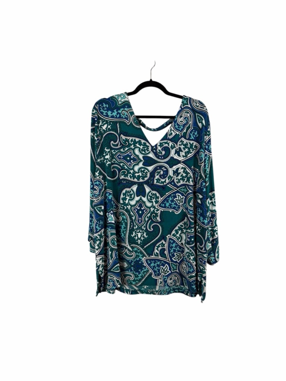 Chico’s Travelers Paisley Tunic Top Bell Sleeve Teal Blue Size 4